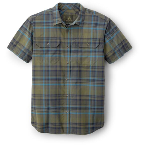 Prana Cayman Plaid Button Up Shirt Short Sleeve Chest Pockets Green Blue Small - Picture 1 of 6